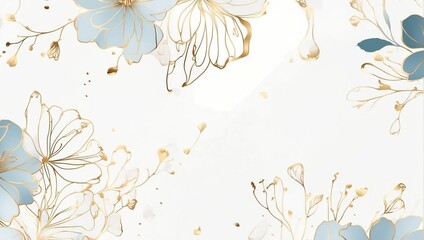 Luxury minimal style wallpaper with golden line art flower and botanical leaves. soft tone background