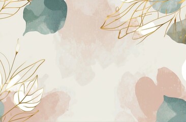Luxury minimal style wallpaper with golden line art flower and botanical leaves. soft tone background