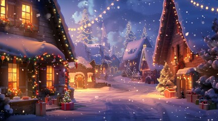 A magical Christmas village is covered in snow, with houses decked in festive lights and decorations, creating a charming holiday scene.
 - obrazy, fototapety, plakaty