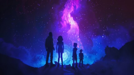 A group of children gazes in awe at a magnificent cosmic phenomenon, surrounded by the otherworldly beauty of an alien landscape.
 - obrazy, fototapety, plakaty
