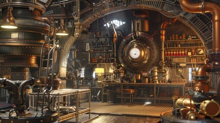 An intricate steampunk submarine interior showcasing a rich array of industrial elements and brass fixtures.
