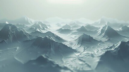 A minimalist landscape of a snow-covered mountain range bathed in soft, diffused sunlight