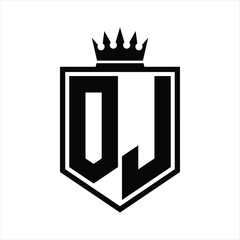 OJ Logo monogram bold shield geometric shape with crown outline black and white style design