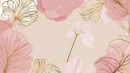 Luxury minimal style wallpaper with golden line art flower and botanical leaves. soft tone background