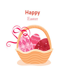 Easter basket with colored eggs. There is a cute bow on the basket. Happy Easter inscription. Easter. Isolated on white background. Stock vector illustration