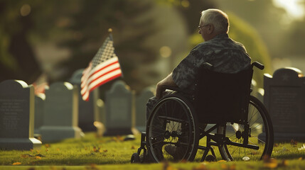 Obraz premium A military veteran adorned in uniform navigates a wheelchair with solemn determination at a military cemetery. Day of Remembrance. Generative AI.