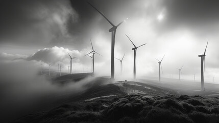 rotating wind turbine in black and white
