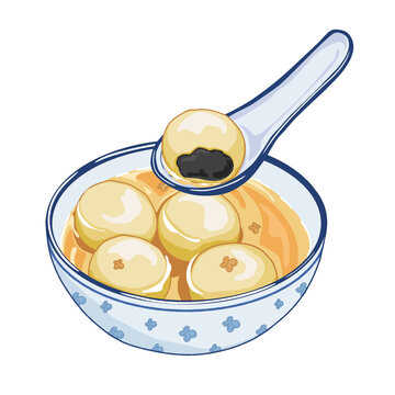 tang yuan, isolate glutinous rice balls with lava-like black sesame filling wrapped, a Chinese dessert in blue bowl with spoon on white background, hand drawing realistic vector illustration. 