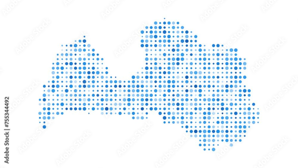 Poster latvia dotted digital map. map of latvia with pulsating colored circles. shape of the country filled