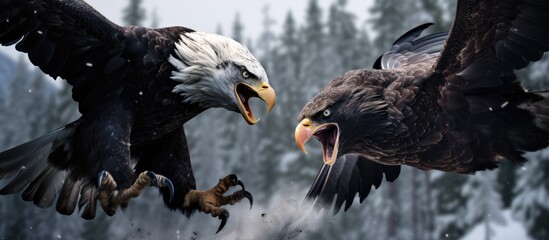 In this intense scene, two bald eagles are engaged in a fierce battle in the midst of a snowy forest. The eagles are vigorously flapping their wings and using their sharp talons to defend themselves