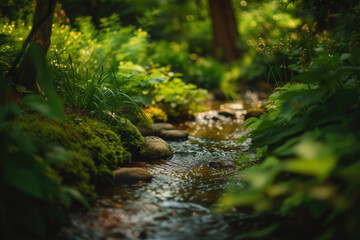 Fototapeta premium A serene landscape of a gentle stream flowing through lush greenery.