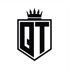 QT Logo monogram bold shield geometric shape with crown outline black and white style design