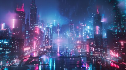 Cyberpunk urban landscape illuminated by neon lights at night.