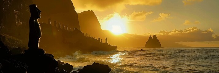 Sunset Over a Mysterious Island Background - Breathtaking sunset over a mysterious island with silhouettes of ancient statues lining the cliffs in Golden Hour created with Generative AI Technology - obrazy, fototapety, plakaty