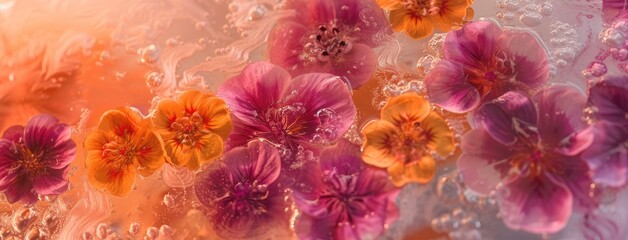 Vibrant Flowers and Dew Drops Abstract Background - obrazy, fototapety, plakaty