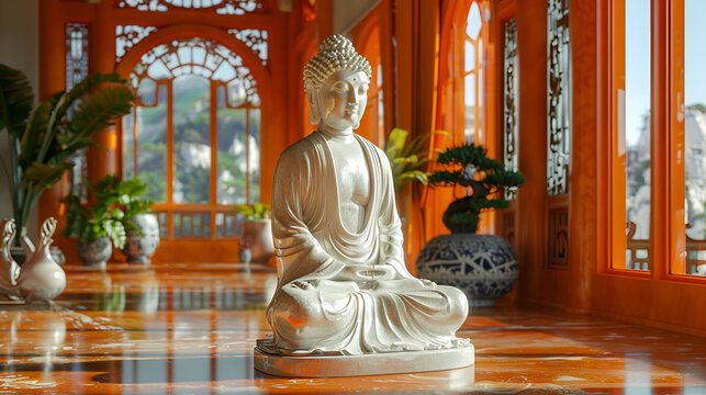 White Buddha statue with an orange frame copy space, ai generated