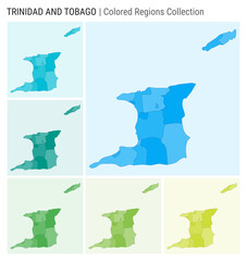 Trinidad and Tobago map collection. Country shape with colored regions. Light Blue, Cyan, Teal, Green, Light Green, Lime color palettes.
