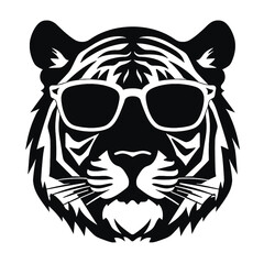 tiger head wearing sunglasses, vintage logo line art concept black and white color, hand drawn illustration  