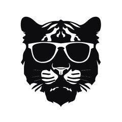 tiger head wearing sunglasses, vintage logo line art concept black and white color, hand drawn illustration  