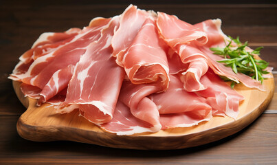 Thinly sliced pieces of Proscuitto neatly presented on a wooden serving board along with a spring of Rosemary garnish