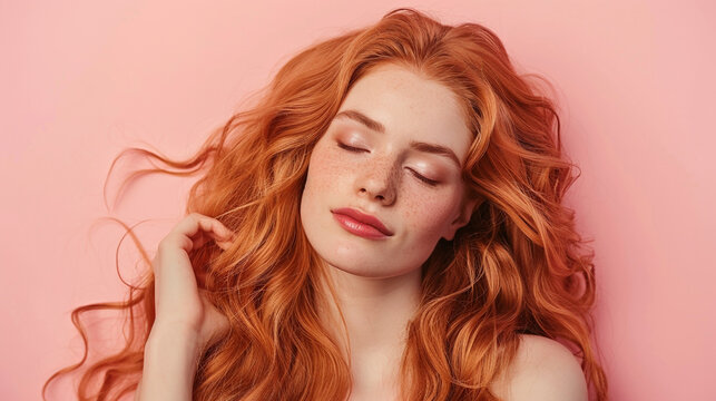Image of a pretty young redhead woman posing isolated over pink wall background. Eyes closed