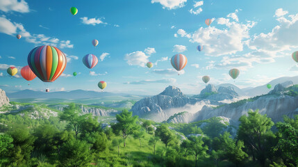 full of Beautiful colorful balloon in the blue sky ,hill and valley landscape