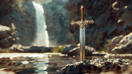 holy excalibur medival sword on the rock , king arthur sword - obrazy, fototapety, plakaty