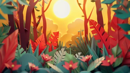 Fotobehang llustration paper cut craft style of wild landscape on sunset © The Thee Studio