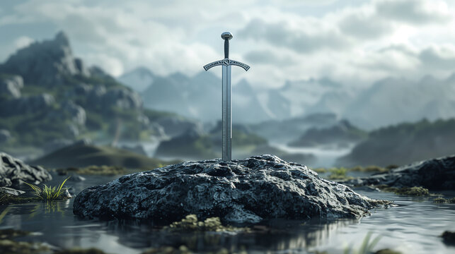 holy excalibur medival sword on the rock , king arthur sword