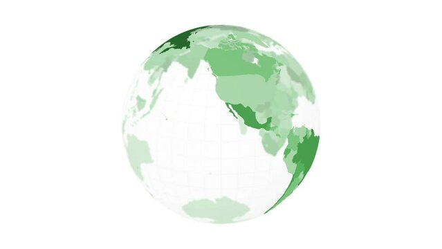 Rotating globe. Transparent Earth planet in blue, green and yellow colors spinning on white background. 4k classy loop animation.