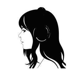 The girl listens to music on headphones . Profile of a young   woman. Musician avatar side view. Vector flat illustration