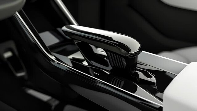 Closeup of the gear shift lever with a highgloss finish and a sleek streamlined design. The lever has a small on on the side for switching between drive modes adding a touch