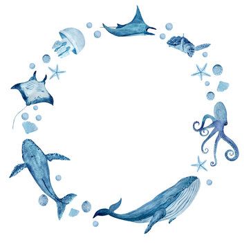 Watercolor hand-drawn blue monochromatic round frame isolated on white. Whales, manta rays, jellyfish, octopus, starfish.