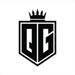 QG Logo monogram bold shield geometric shape with crown outline black and white style design