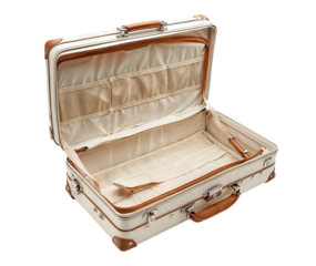 A white suitcase with brown handles is open and empty. in a transparent PNG background