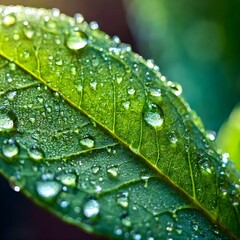 Fototapeta premium Macro shot of plant leaf with dew drops and light shining through it; close up