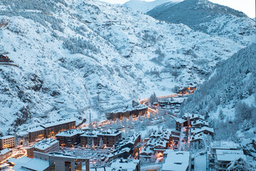 Cityscape of the tourist town of Canillo in Andorra after a heavy snowfall in winter