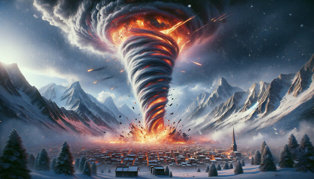 A swirling tornado engulfed in flames and lava, destroying the city against a winter mountain backdrop.