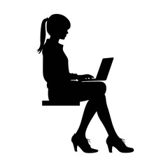 Office worker. Businesswoman is sitting at the desk and working on the laptop.    Silhouette  isolated on white.