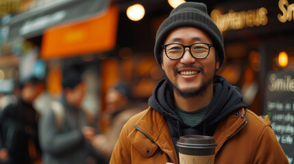 A happy young man with a smile on the street of a big city - obrazy, fototapety, plakaty