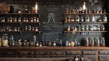 A vintage-inspired pharmacy with wooden shelves holding jars of medicinal herbs and tinctures against a black wall adorned with chalk-written pharmaceutical formulas.