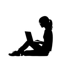 Office worker. Businesswoman is sitting at the desk and working on the laptop.    Silhouette  isolated on white.