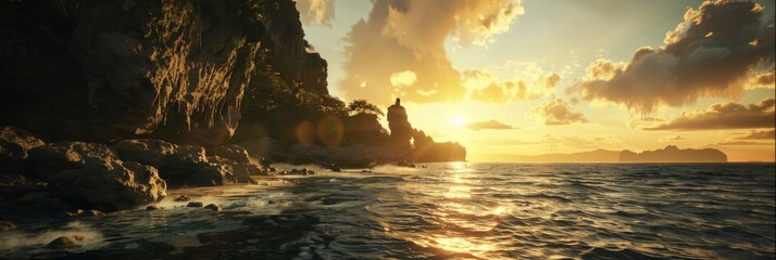 Sunset Over a Mysterious Island Background - Breathtaking sunset over a mysterious island with silhouettes of ancient statues lining the cliffs in Golden Hour created with Generative AI Technology
