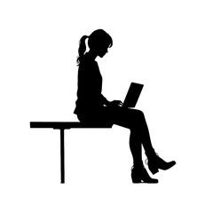 Office worker. Businesswoman is sitting at the desk and working on the laptop.    Silhouette  isolated on white.