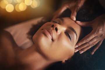 Black woman, hands and head massage with masseuse, beauty and bodycare at spa for stress relief and wellness. Closeup of face, treatment and healing for zen, self care and relax at luxury resort