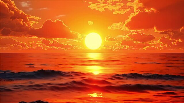 Radiant orange sunset over a calm ocean.