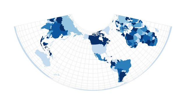 World map. Albers conic equal-area projection. Loopable rotating map of the world. Modern footage.