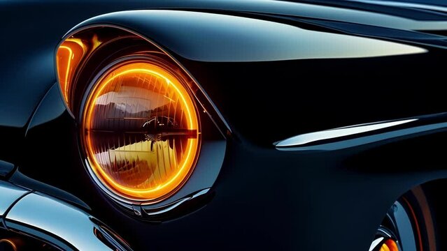 The deep amber glow of a single circular headlight on a 1950s vehicle exudes an air of timeless elegance and cl.