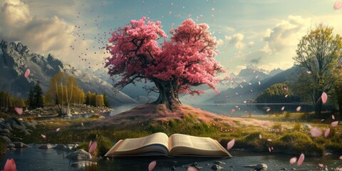  there was a big tree in a meadow, the branches formed the perfect heart pattern, the book was covered with pink flowers, there were also pink petals falling from the surrounding grass - Powered by Adobe