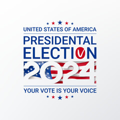 Fototapeta premium US presidential election 2024 sign. Template of typography symbol of USA election voting. Vector illustration. US Election 2024 campaign. Vote day, November 5. Paper cutout effect with USA flag.